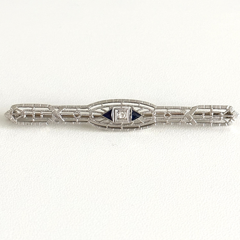 Antique 14K Solid White Gold Sapphire & Diamond Intricate Detail Bar Brooch Pin